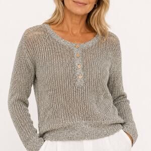 Kate Hill Crochet Knit Pullover Sweater Bamboo Buttons Boho Coastal Size M